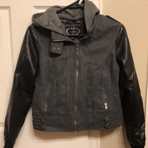 Grey and black light jacket with detachable hood